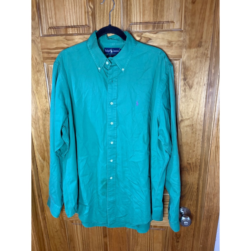 Ralph Lauren Mens XL Green Cotton Long Sleeve Button Down Shirt Purple Pony Logo